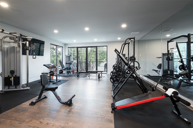 exercise room featuring hardwood / wood-style flooring