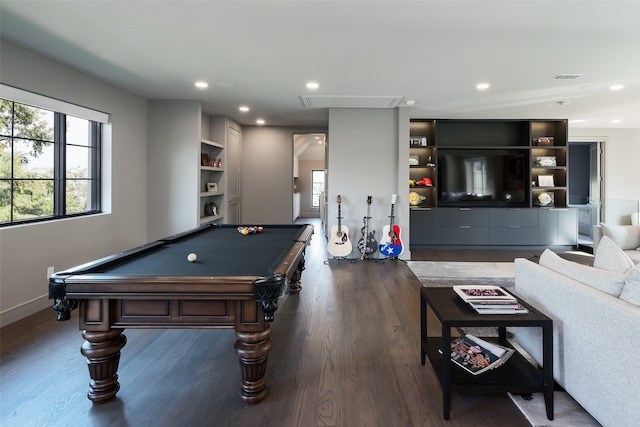 game room featuring billiards and dark wood-type flooring