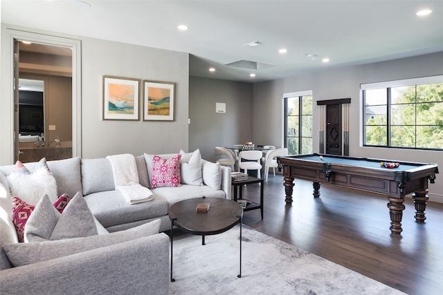 living room featuring pool table and dark hardwood / wood-style floors