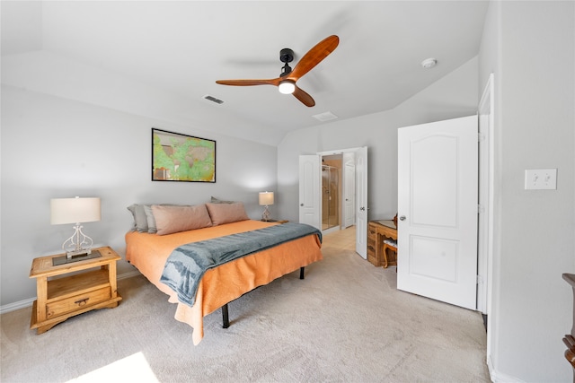 carpeted bedroom featuring ceiling fan and lofted ceiling