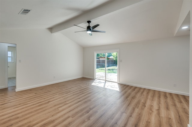 unfurnished room with lofted ceiling with beams, light hardwood / wood-style floors, and ceiling fan