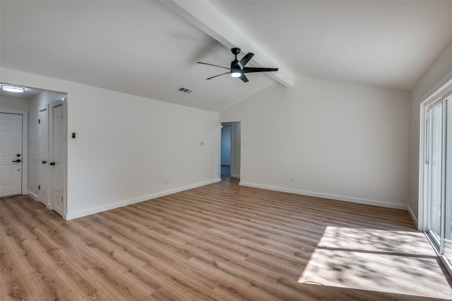 unfurnished room with ceiling fan, lofted ceiling with beams, and light wood-type flooring