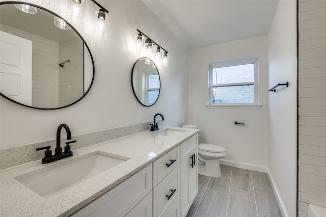 bathroom with vanity, toilet, and a shower