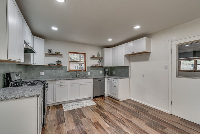 kitchen with white cabinets, dark hardwood / wood-style flooring, sink, and stainless steel appliances