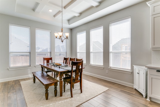 dining area featuring a wealth of natural light, coffered ceiling, beam ceiling, and light hardwood / wood-style floors