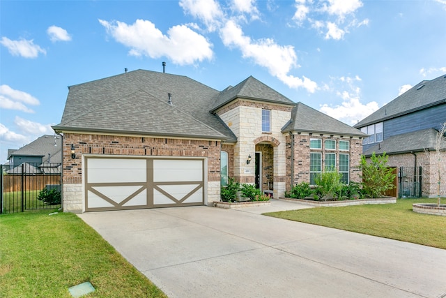 french provincial home with a garage and a front lawn