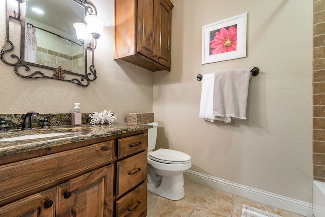 full bathroom featuring toilet, shower with separate bathtub, and vanity