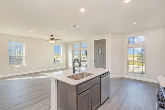 kitchen with light hardwood / wood-style floors, stainless steel appliances, sink, and a wealth of natural light