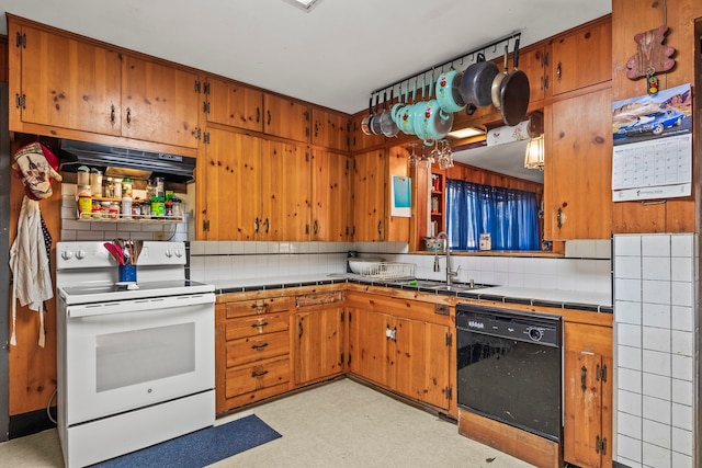 kitchen featuring sink, dishwasher, white electric stove, tile counters, and exhaust hood