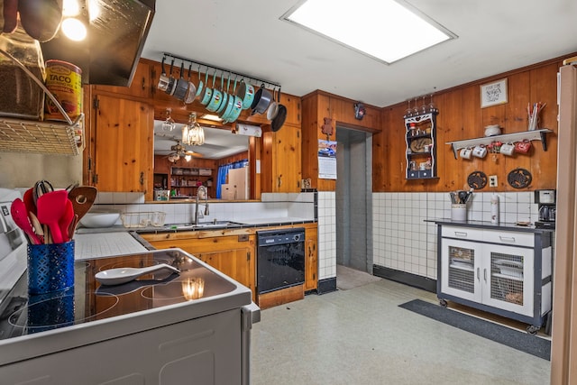 kitchen with ceiling fan, backsplash, dishwasher, range, and sink