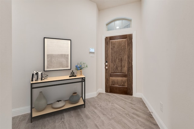 foyer with light hardwood / wood-style flooring and a towering ceiling