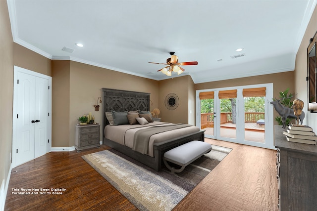 bedroom featuring crown molding, access to exterior, dark wood-type flooring, and ceiling fan