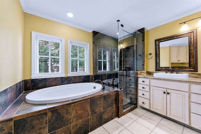 bathroom with vanity, separate shower and tub, ornamental molding, and tile patterned flooring