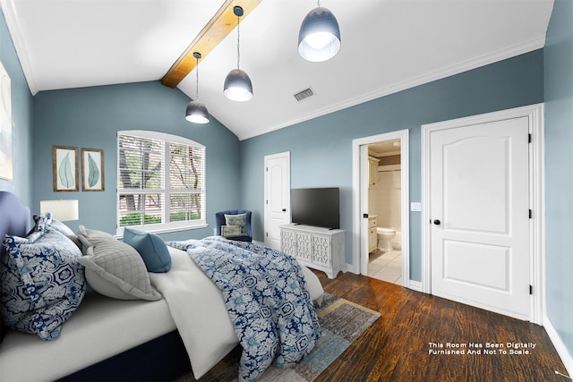 bedroom featuring dark wood-type flooring, lofted ceiling with beams, and ornamental molding