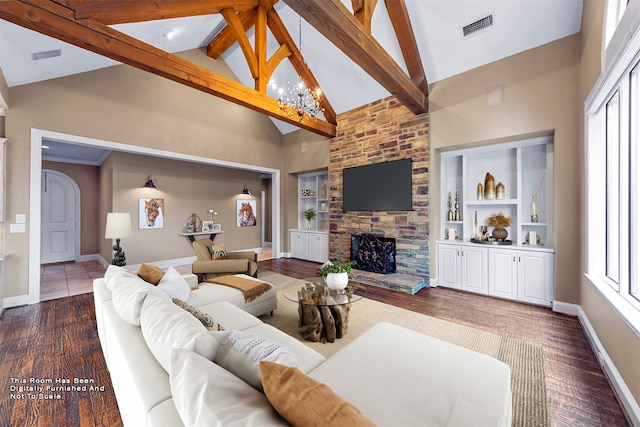 living room featuring high vaulted ceiling, a wealth of natural light, and dark hardwood / wood-style flooring