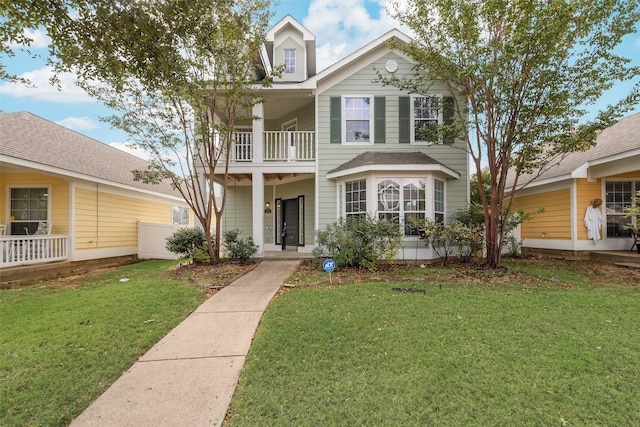 view of front of house featuring a front yard, covered porch, and a balcony