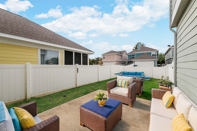 view of patio / terrace featuring a fenced backyard and an outdoor living space