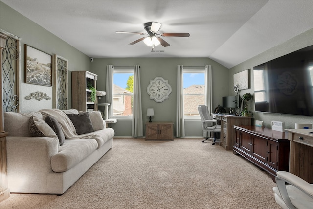 628 Destin Dr, Fort Worth, TX 76131 - home office with a ceiling fan, light colored carpet, healthy amount of natural light, and vaulted ceiling