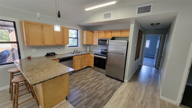 kitchen featuring kitchen peninsula, hanging light fixtures, a breakfast bar, light wood-type flooring, and stainless steel appliances