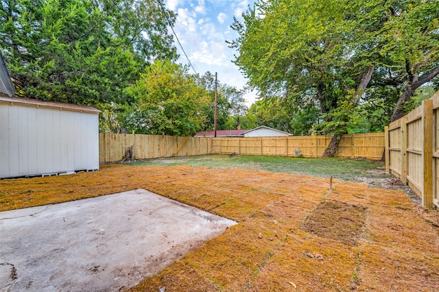 view of yard with a storage shed and a patio