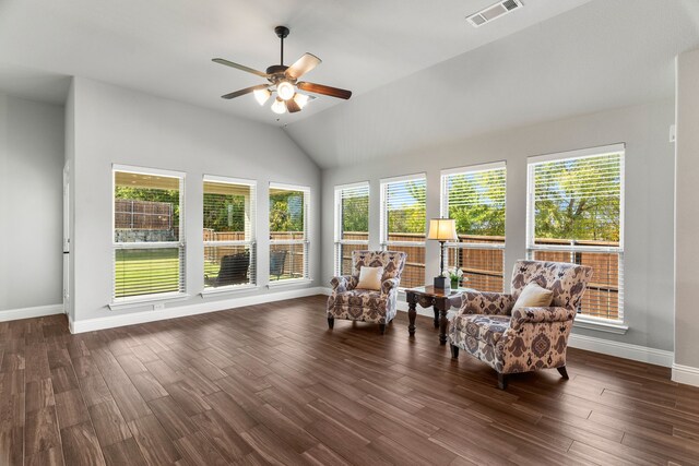 unfurnished sunroom featuring lofted ceiling and ceiling fan