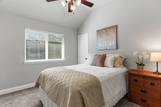 carpeted bedroom featuring ceiling fan and lofted ceiling