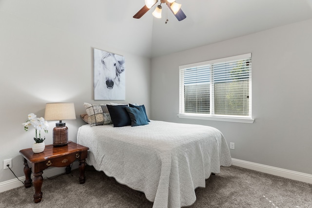 bedroom with lofted ceiling, carpet, and ceiling fan