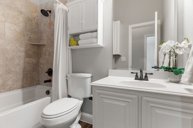 full bathroom with vanity, toilet, and shower / bath combination with curtain