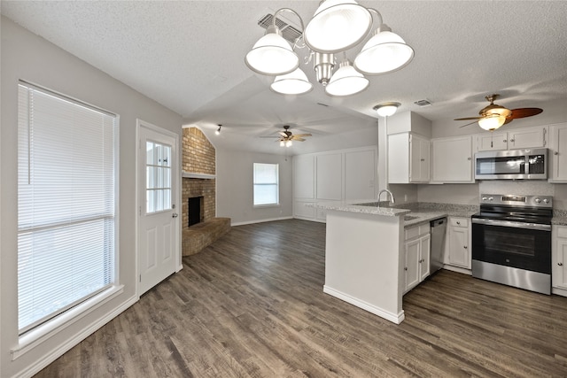 kitchen featuring appliances with stainless steel finishes, dark hardwood / wood-style flooring, kitchen peninsula, and white cabinets