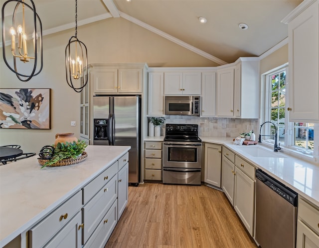 kitchen featuring lofted ceiling with beams, sink, appliances with stainless steel finishes, tasteful backsplash, and light hardwood / wood-style floors