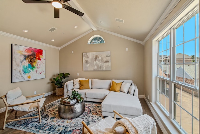 living room with hardwood / wood-style floors, vaulted ceiling with beams, ceiling fan, and ornamental molding