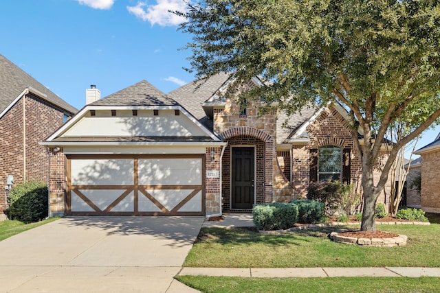 view of front of house with a front yard and a garage