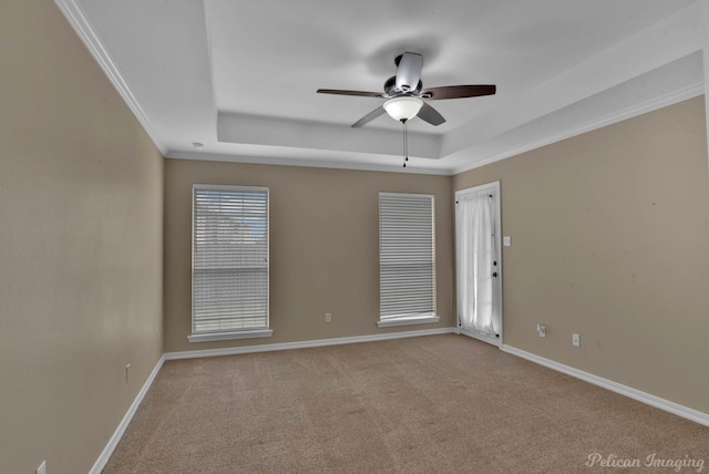 carpeted empty room with crown molding, ceiling fan, and a raised ceiling