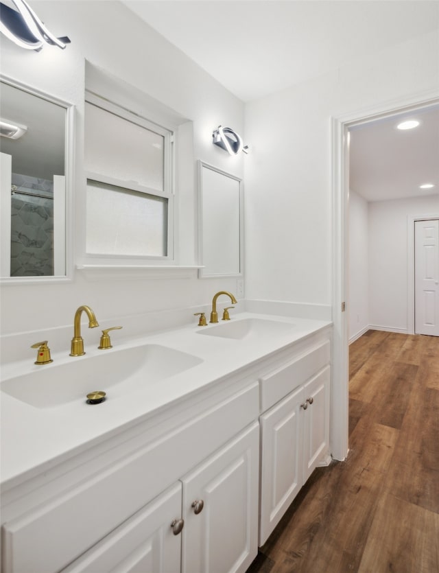 bathroom with vanity and hardwood / wood-style flooring