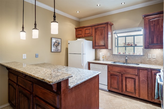 kitchen featuring decorative backsplash, sink, light stone countertops, pendant lighting, and white appliances