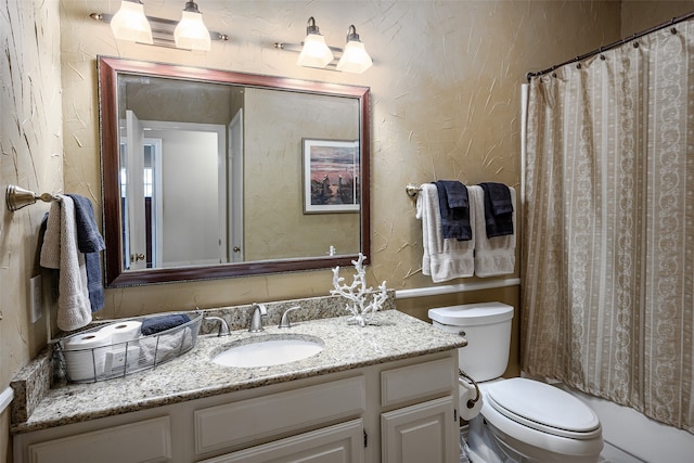 full bathroom with vanity, toilet, and shower / bathtub combination with curtain