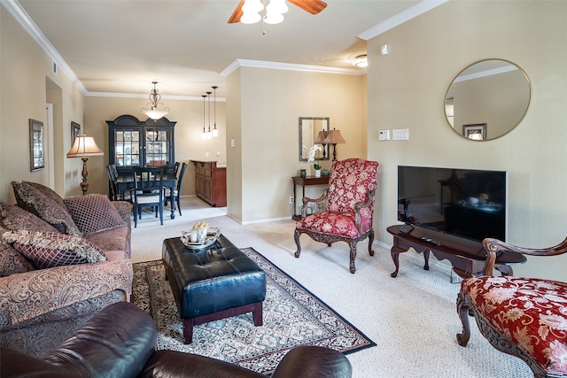 carpeted living room with crown molding and ceiling fan