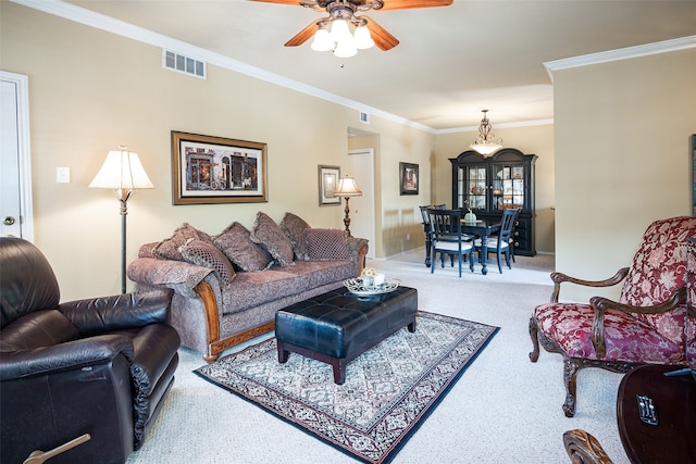 living room with crown molding and ceiling fan