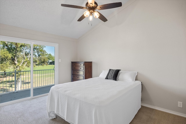 bedroom with carpet flooring, a textured ceiling, access to exterior, ceiling fan, and lofted ceiling