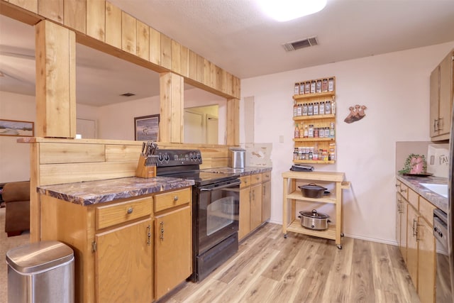 6495 Waterworks Rd, Midlothian, TX 76065 - kitchen with black electric range oven, light wood-type flooring, dishwasher, and dark countertops