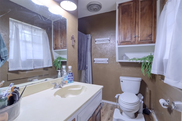 bathroom with toilet, vanity, and wood-type flooring