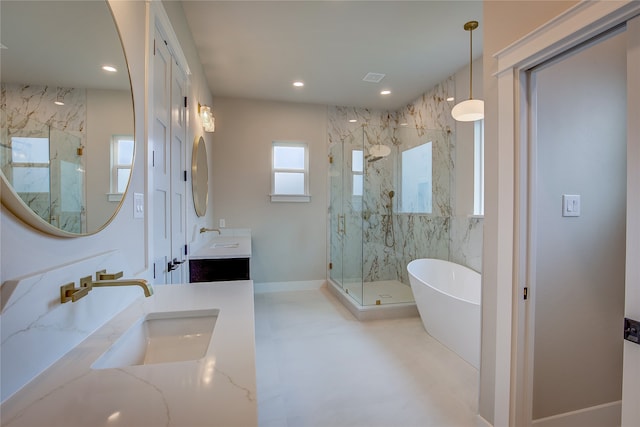 bathroom with vanity and plus walk in shower