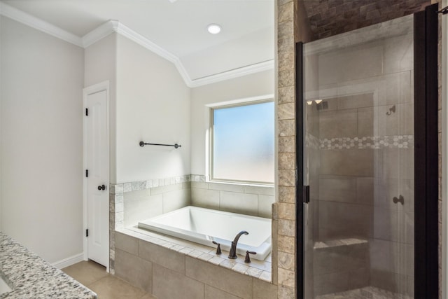 bathroom with ornamental molding, tile patterned floors, and plus walk in shower