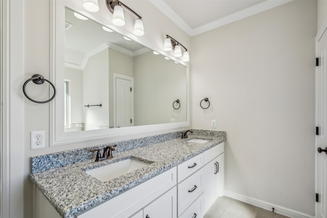 bathroom with tile patterned flooring, vanity, and ornamental molding