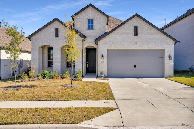 french country inspired facade featuring a front yard and a garage