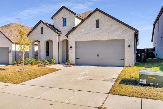 french provincial home featuring a front lawn and a garage