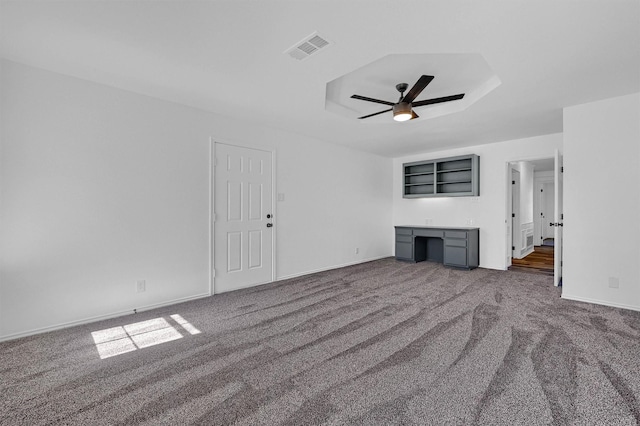608 N Ave, Whitesboro, TX 76273 - unfurnished living room featuring carpet flooring, ceiling fan, baseboards, and an office area