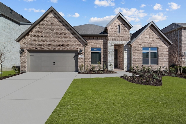 french provincial home featuring brick siding, roof with shingles, a front yard, a garage, and driveway