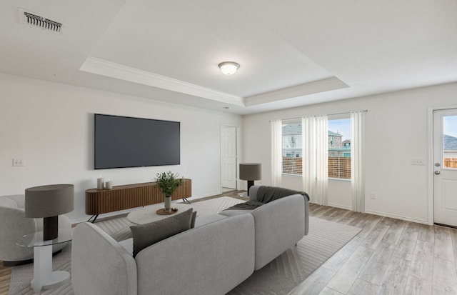 living room featuring light wood-type flooring, plenty of natural light, and a raised ceiling