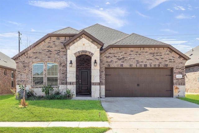 view of front of property with a garage and a front yard